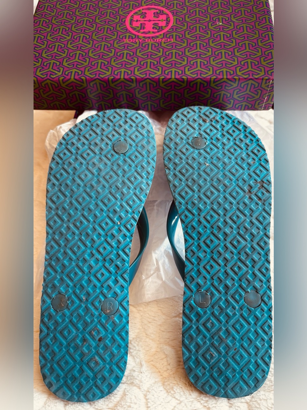 Tory Burch Turquoise Blue Floral Logo Flip Flops with Gold Medallions - Picture 3 of 5
